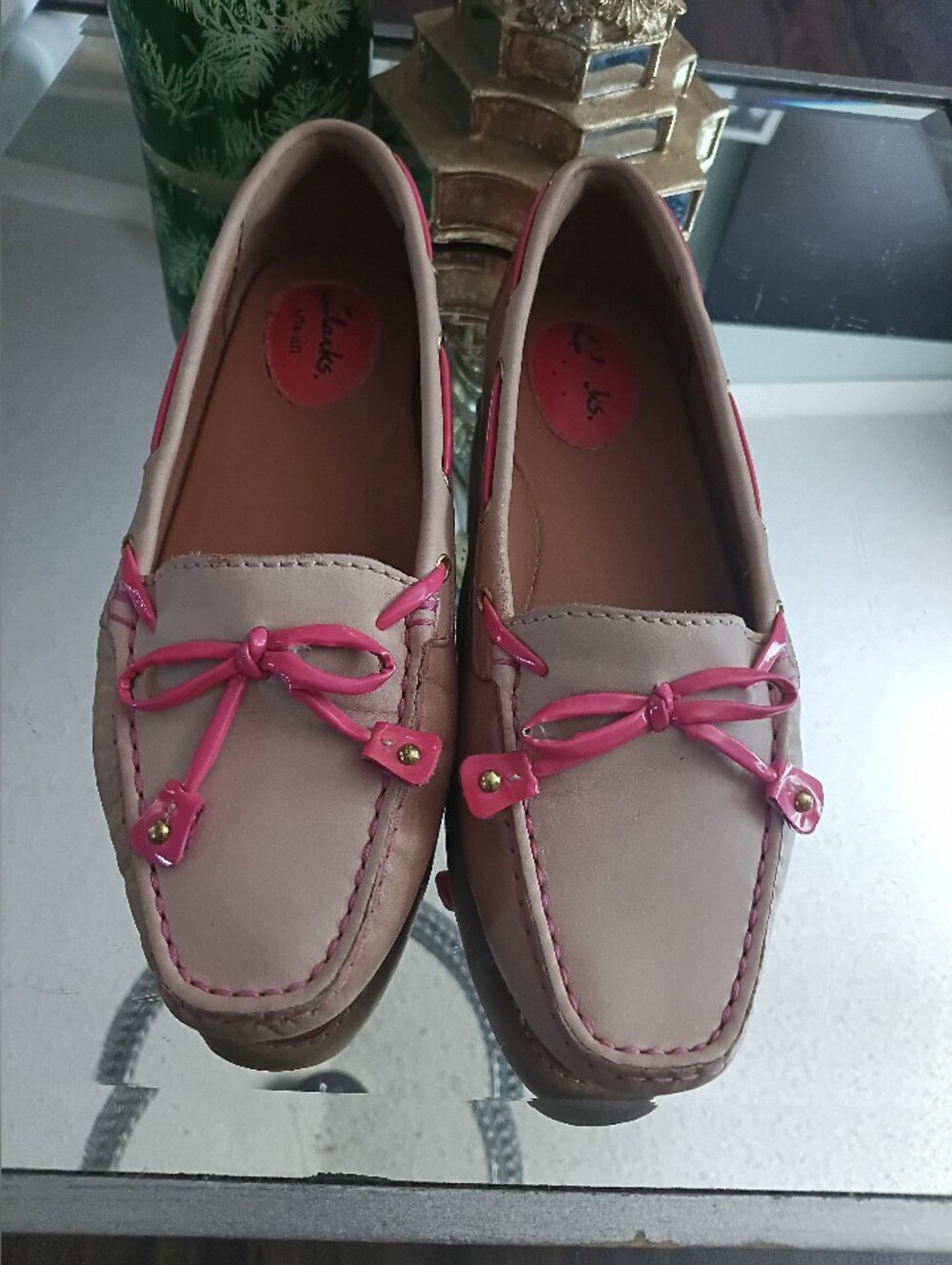 Clarks Taupe Loafers with Pink Bow Accents